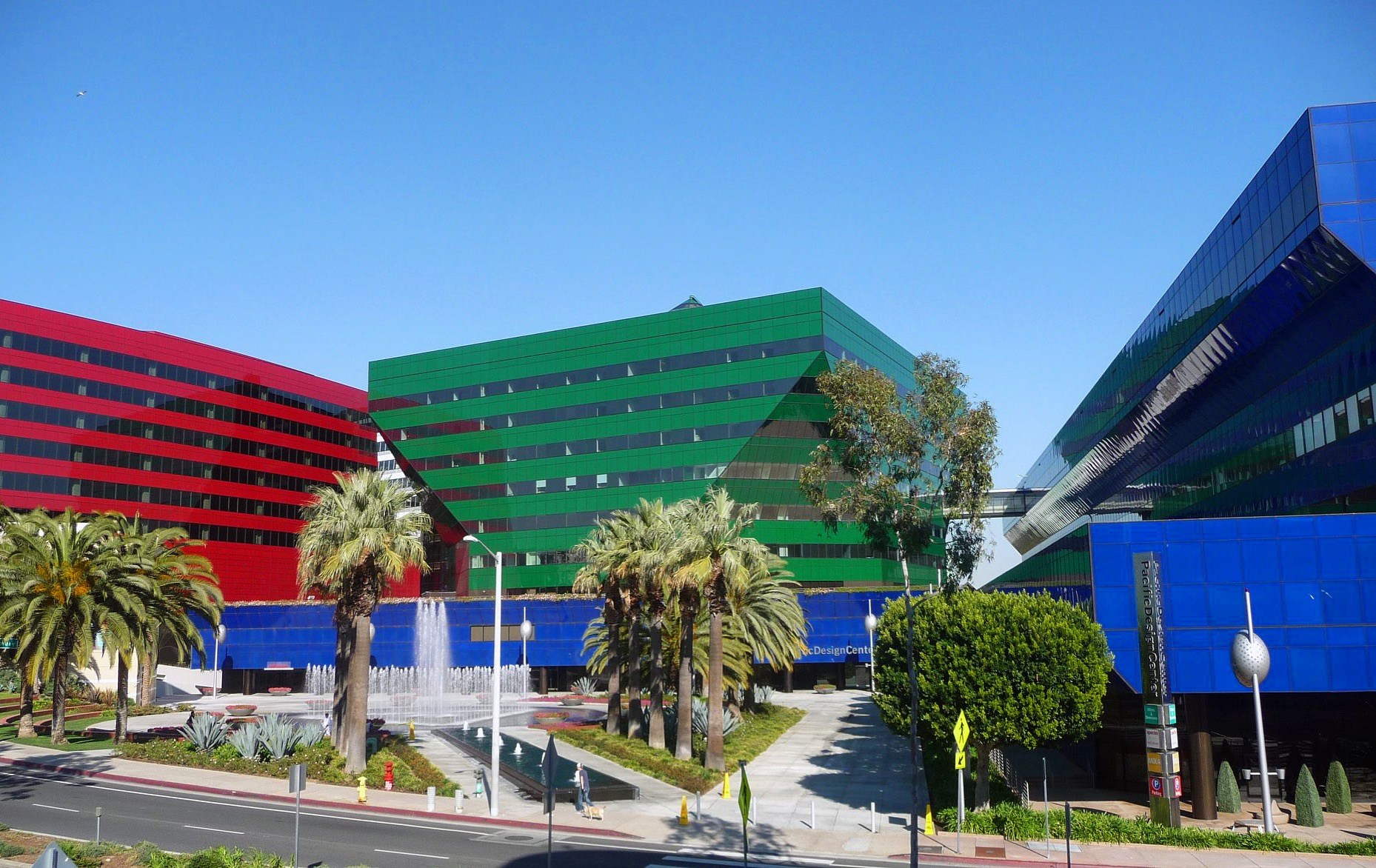 The red, green and blue buildings that make up the Pacific Design Center. The Blue Whale as it is known to locals.